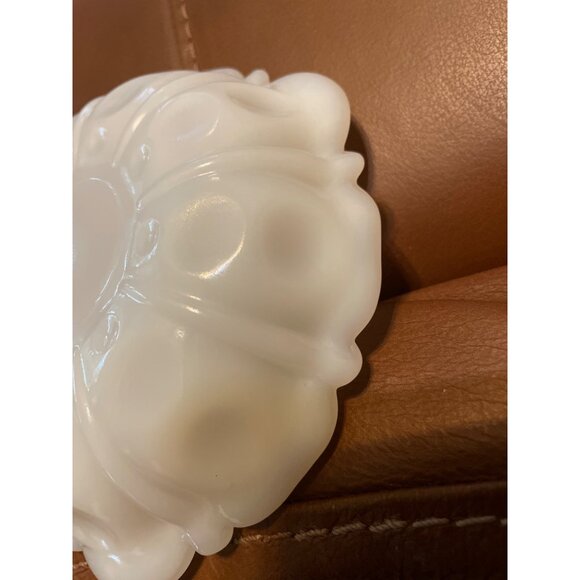 Vintage White Milk Glass Scalloped Bowl With Embossed Floral Design - Decorative - Picture 7 of 8